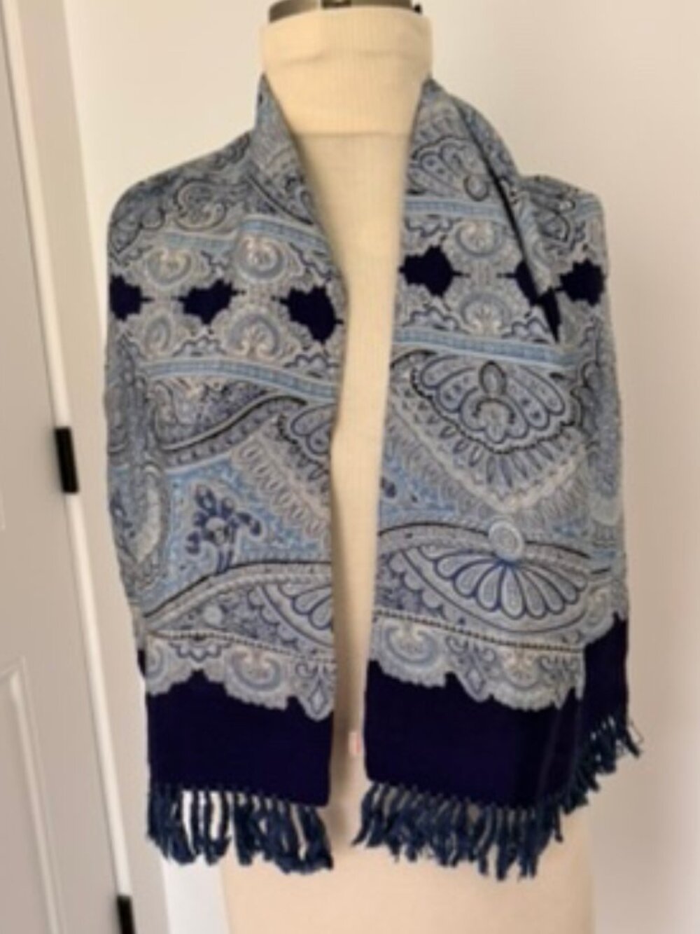 Silk Crepe blue grey paisley fringe scarf